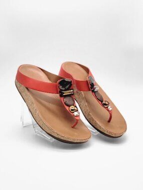 FITFLOP  Red Thong Wedge Sandals Size 9 Cork Platform Metallic Embellished GUC